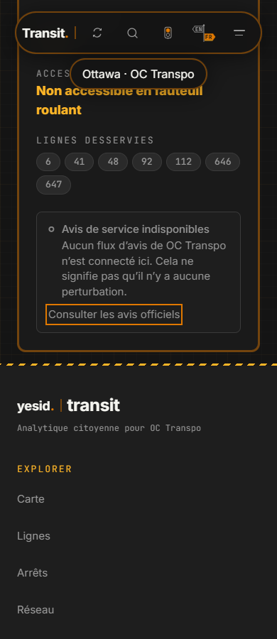 Ottawa stop 464, unavailable alerts and the focused official link. Browser capture, 6 October 2026; visible focus alone is not an accessibility audit.