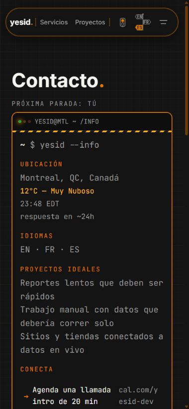 Spanish contact page, upper mobile viewport. Browser capture, 8 October 2026; not a physical-device test. No form submitted.